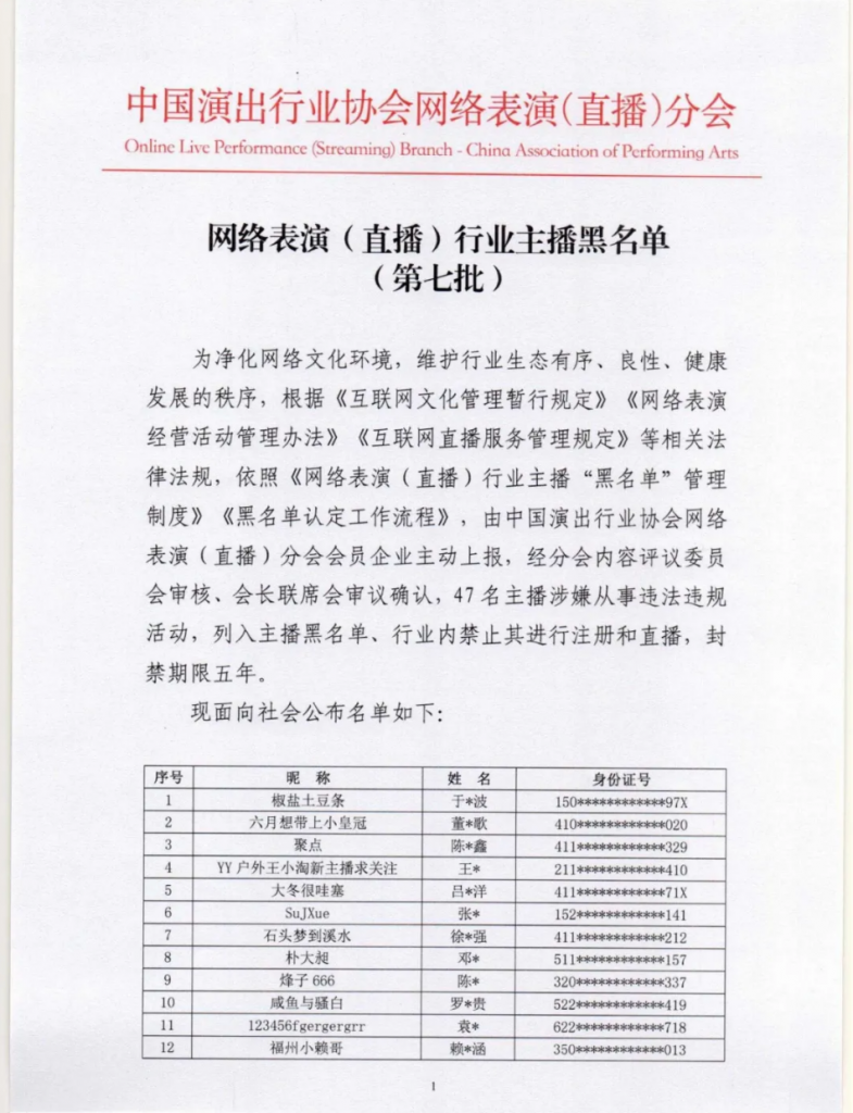 演出行业协会封禁47名主播 行业内禁播5年